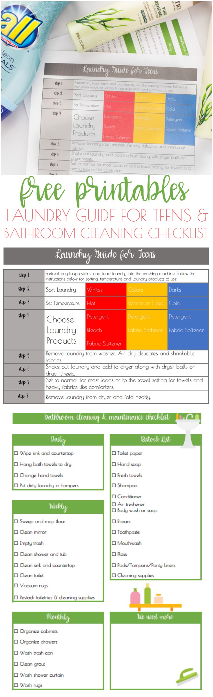 Help older kids be more independent with their chores with this bathroom cleaning checklist and laundry guide for teens.
