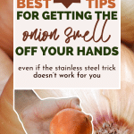 image of onions with text overlay about getting the onion smell off your hnads