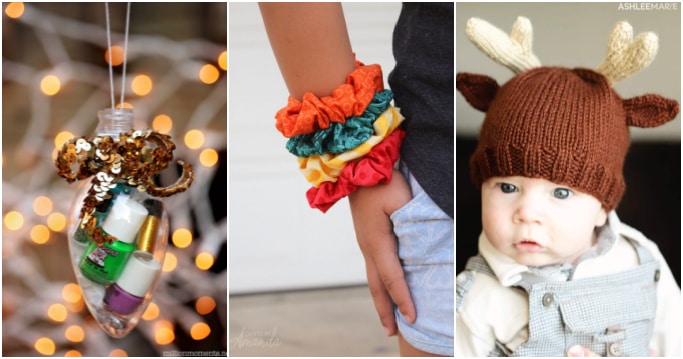 collage of three homemade gifts for kids - manicure kit ornament, scrunchies, reindeer beanie