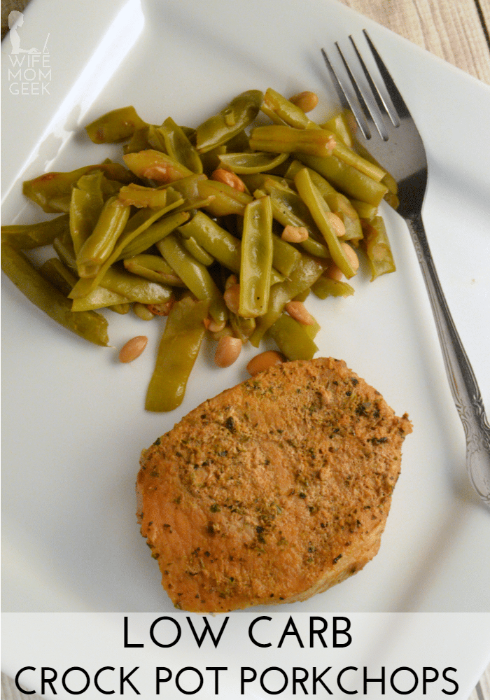 pork chop on plate with green beans