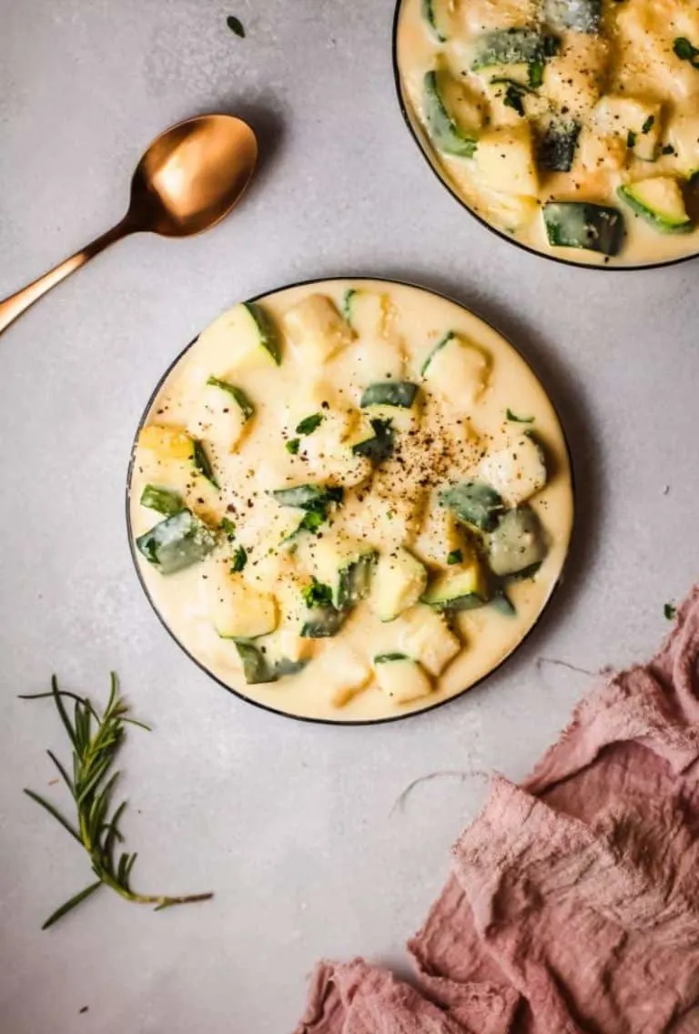 zucchini mac and cheese made with chopped, unpeeled zucchini and a delicious cheese sauce