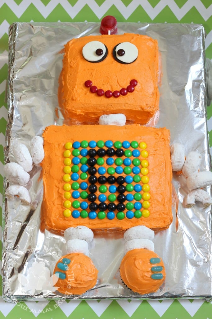 happy orange robot with donut arms