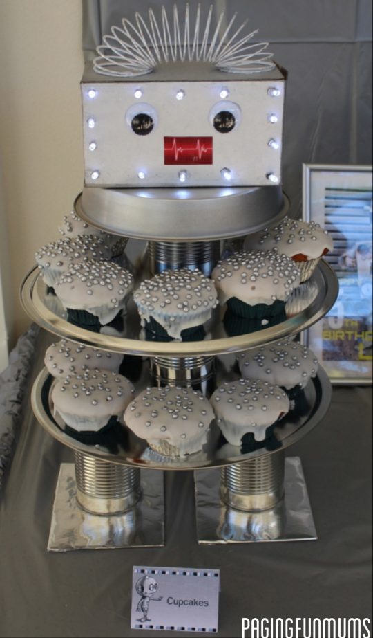 silver robot cupcake stand