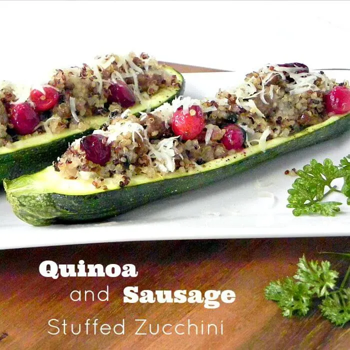 Quinoa and Sausage Stuffed Zucchini. Easy and quick and good for you too.