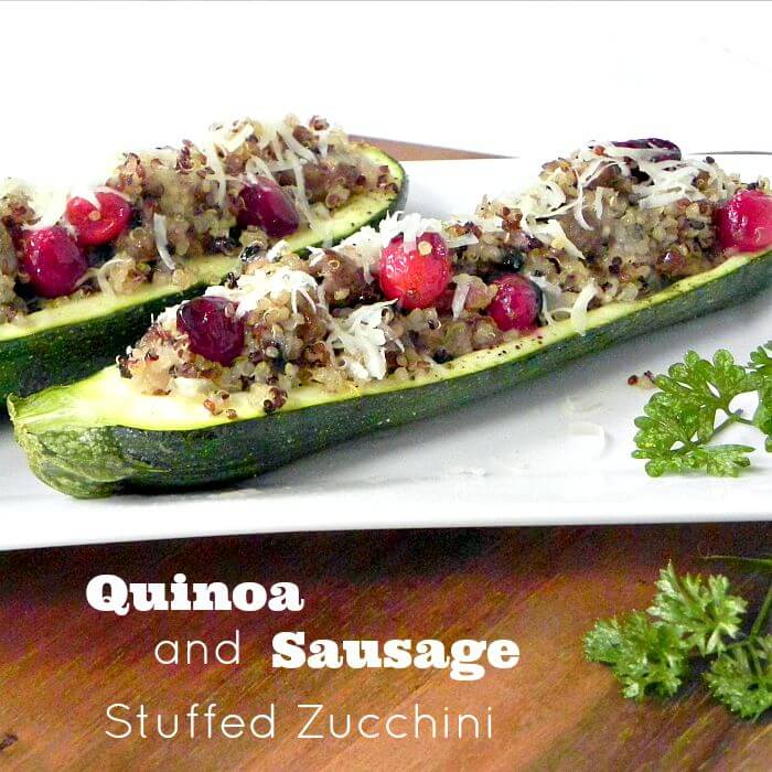 Quinoa and Sausage Stuffed Zucchini. Easy and quick and good for you too.