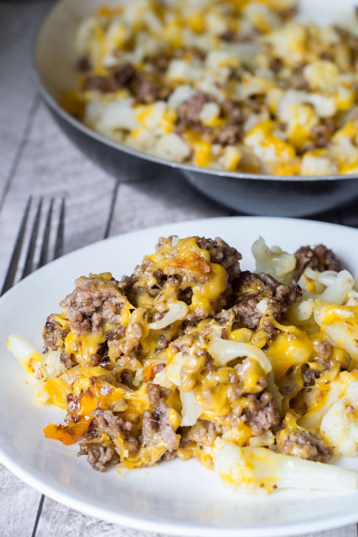 Cauliflower Ground Beef Hash - an easy, cheesy low carb dish!