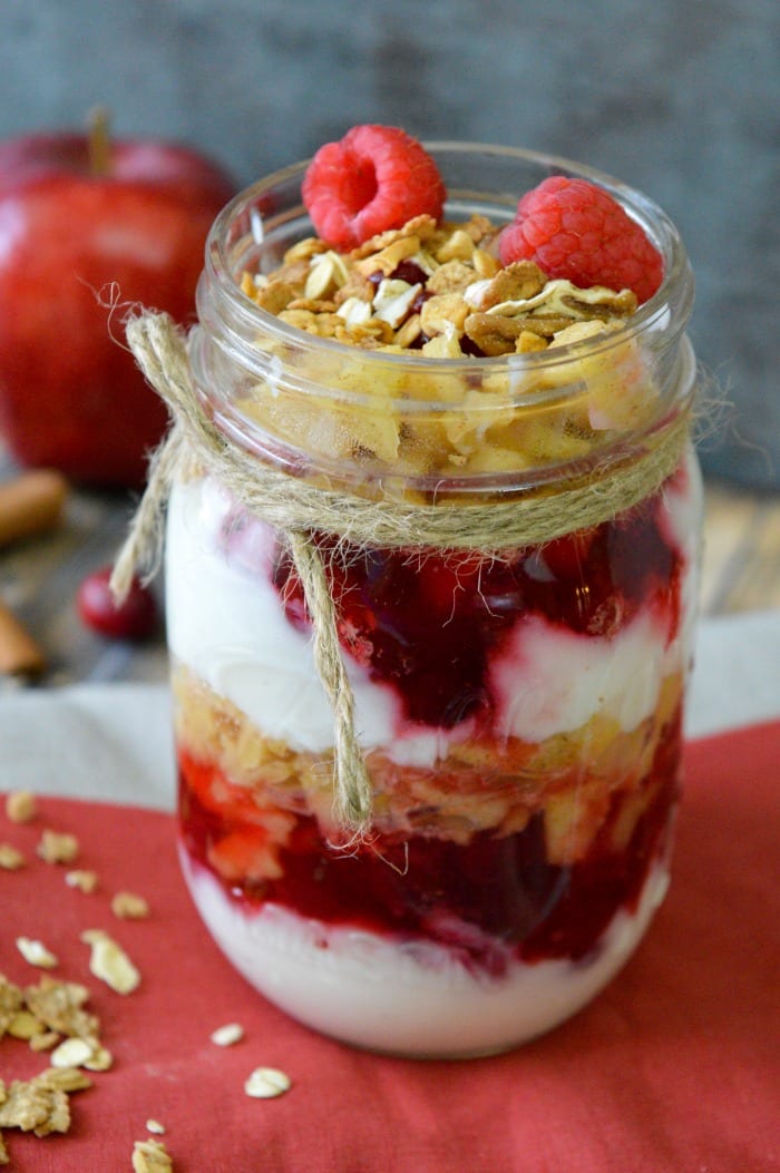 cranberry apple parfait in a jar - festive breakfast or dessert for the holidays