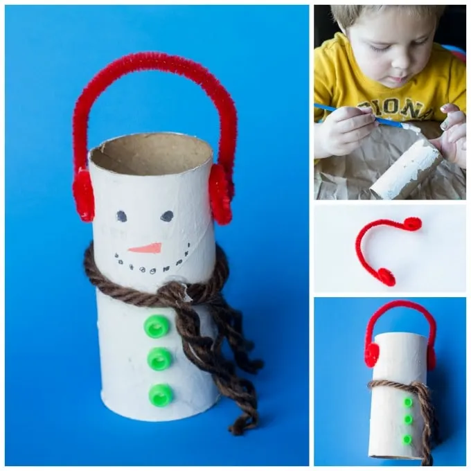 collage of the toilet paper roll snowman and some of the process steps