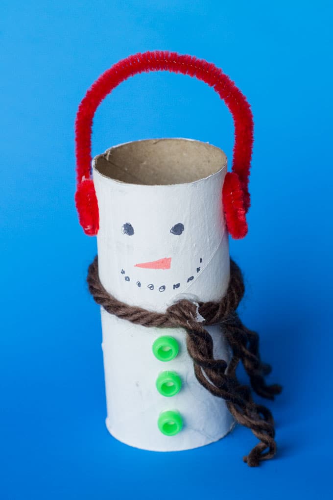a snowman craft made with an empty toilet paper tube