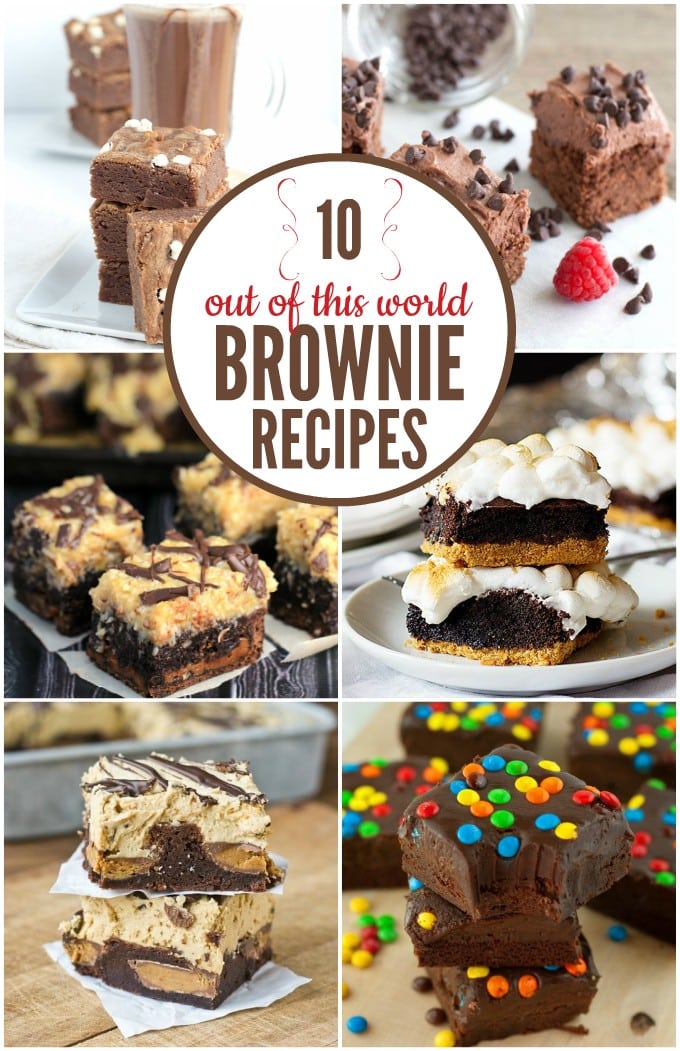 collage of brownie recipes including raspberry chocolate brownies, German chocolate brownies, cosmic brownies, and more