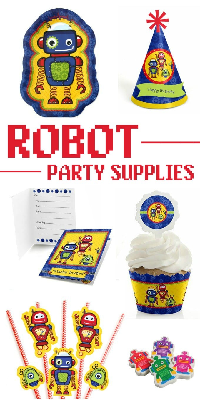 These cute robot party supplies will be a big hit! Perfect for kids' birthday parties or a robot-themed baby shower.