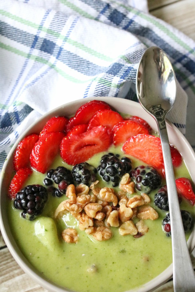 Banana Peach Smoothie Bowl with Fruit and Nuts