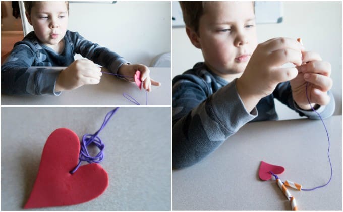 making a straw heart necklace for valentines day