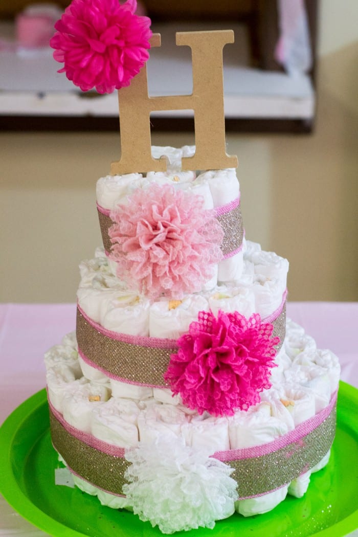 pink and gold baby shower diaper cake