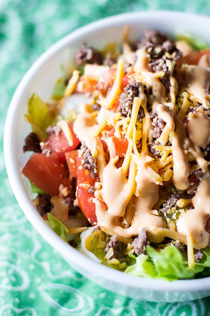 Low Carb Cheeseburger Salad with Big Mac Dressing