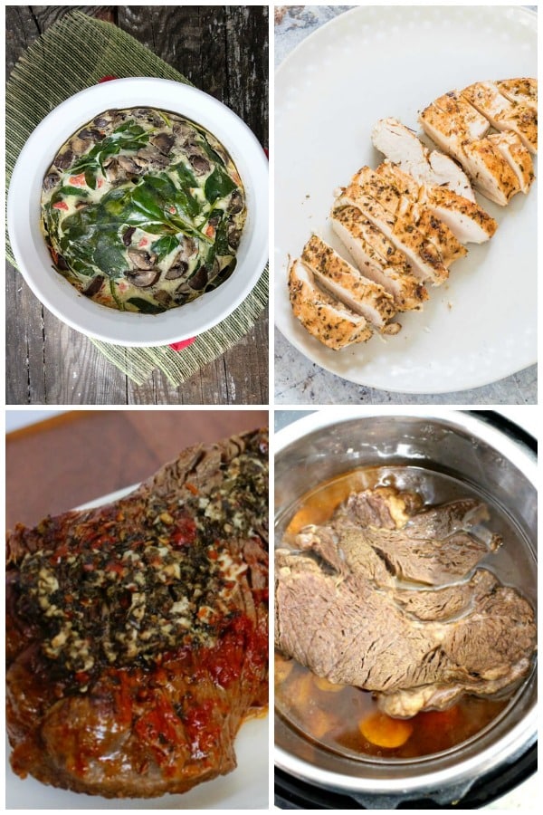 collage with an instant pot frittata, chicken breast, and two pot roasts