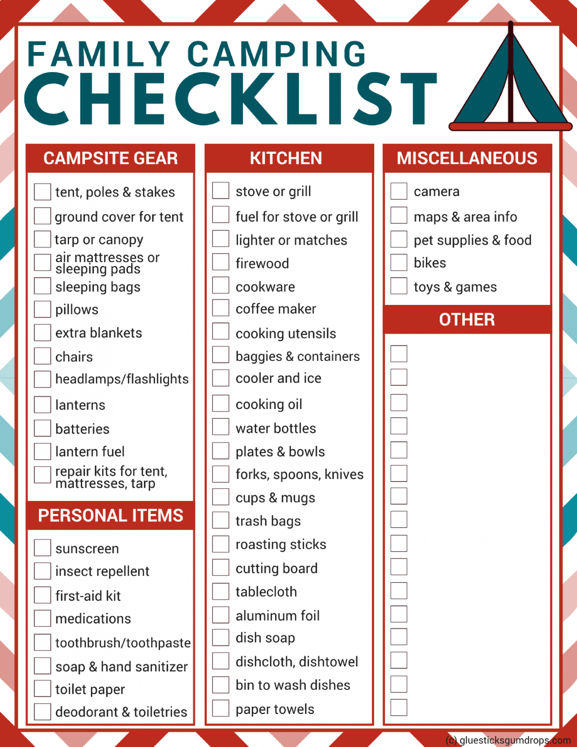Family Camping Checklist Free Printable - Glue Sticks and Gumdrops