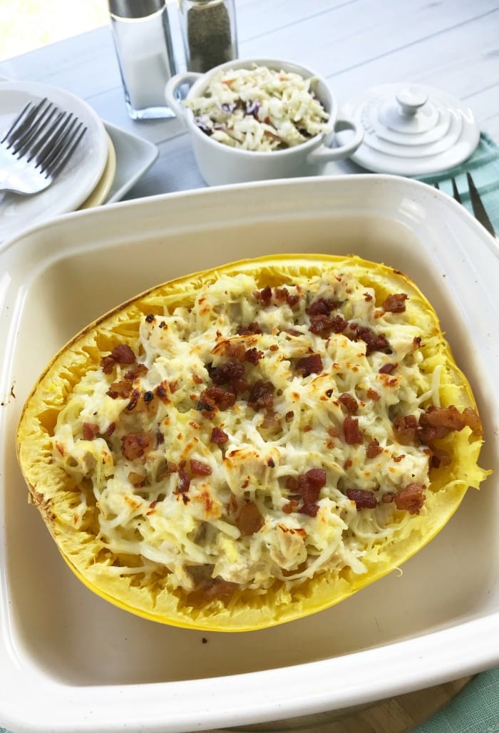 Low Carb Spaghetti Squash Recipe with Chicken Bacon and Cheese