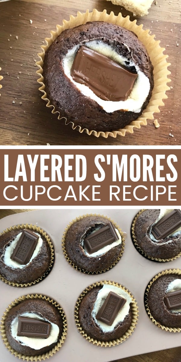 No bonfire needed... you can have the flavor of your favorite campfire dessert in these yummy layered S'mores cupcakes! #smores #cupcakes #easy