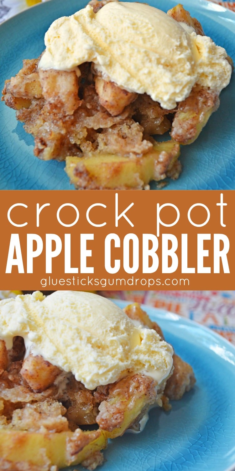 One of your favorite desserts in the convenience of a slow cooker! Enjoy some warm crock pot apple cobbler with a big scoop of vanilla ice cream in just a couple of hours!