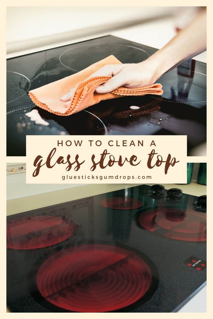 collage image with a hand wiping a glass stove top with a microfiber cloth on top and bottom image is red burners on a glass stove top
