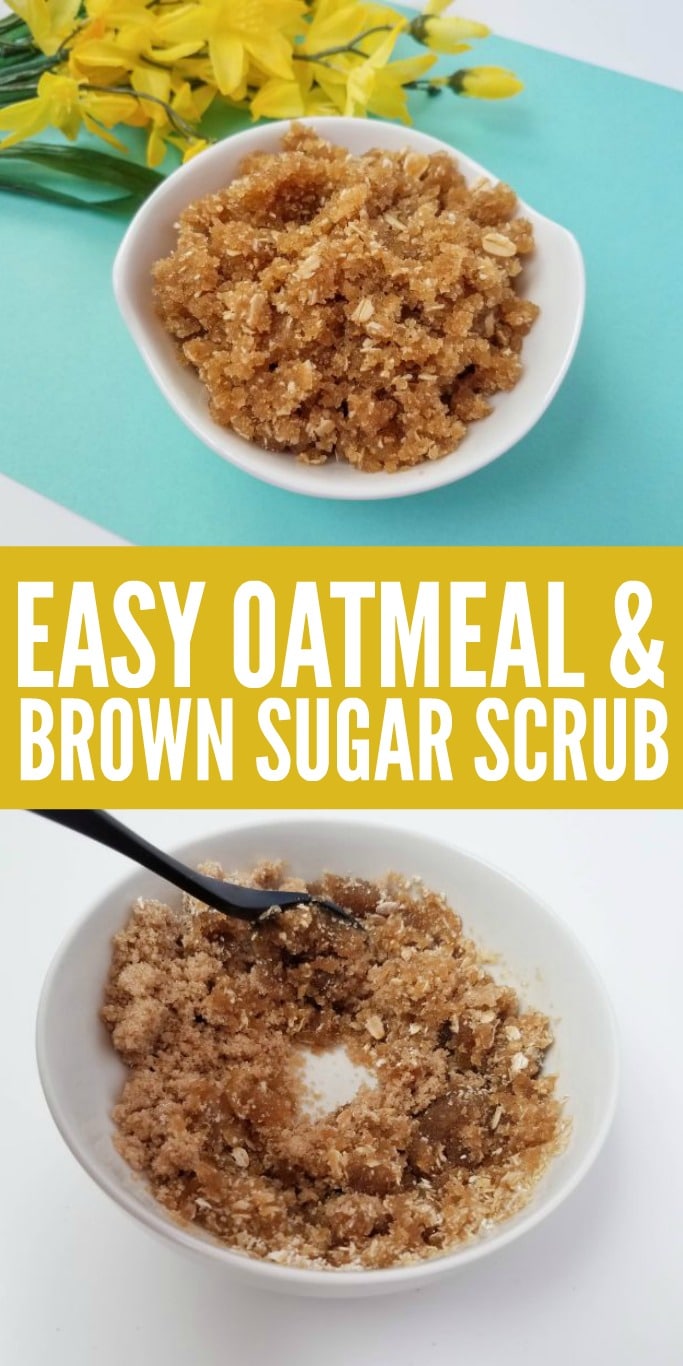 collage image of brown sugar scrub in a white bowl