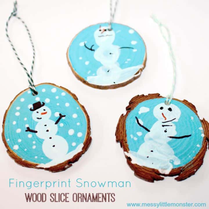 fingerprint snowman wood slice ornaments
