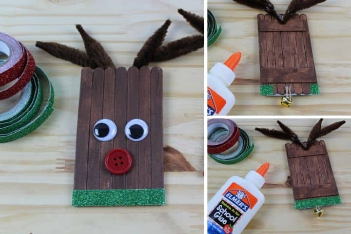 collage demonstrating how to apply the glitter tape and bell to the reindeer