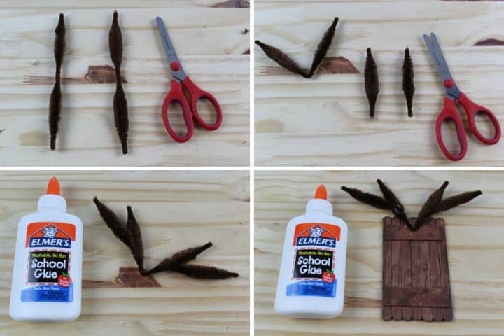 collage showing the steps to making reindeer antlers with pipe cleaners