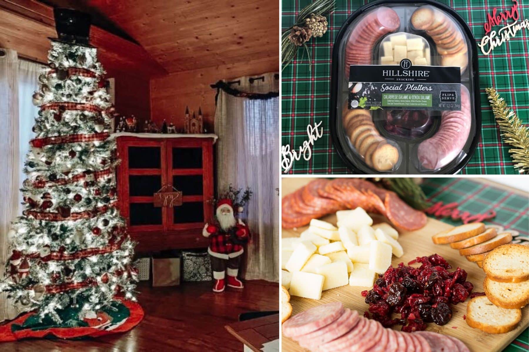 collage of home decorated for Christmas and the Hillshire Snacking Social Platters