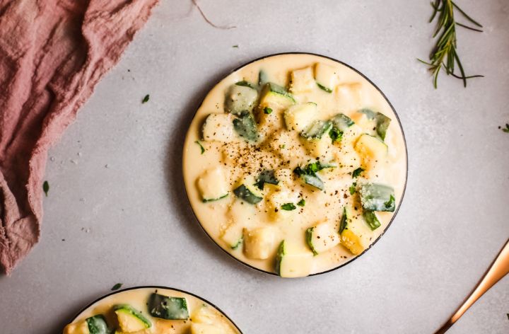 zucchini mac and cheese in a deep plate