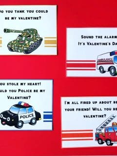 emergency vehicle valentines on red background