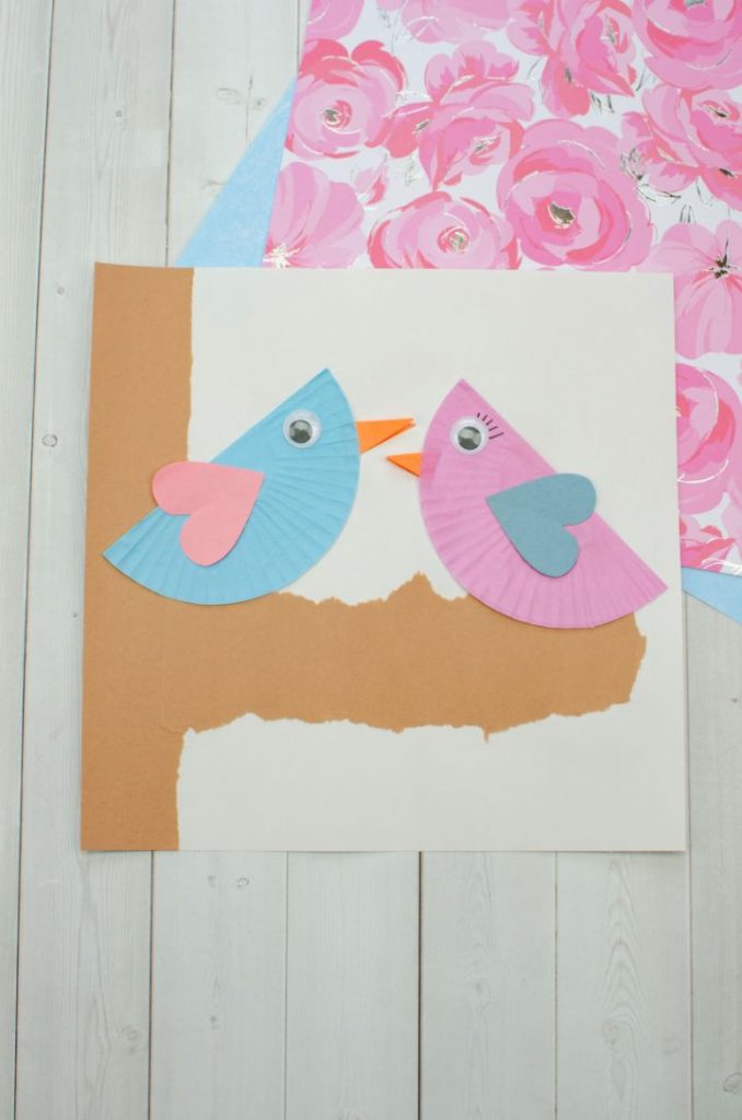 blue and pink cupcake liner love birds in a tree