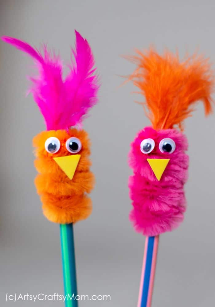 bird pencil toppers made with pipe cleaners