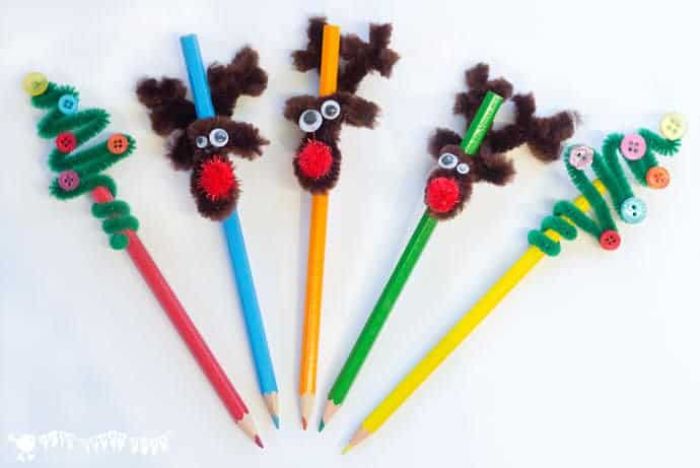 pipe cleaner Christmas pencil toppers - reindeer and Christmas trees