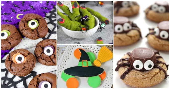 collage of Halloween cookies - eyeball cookies, witch finger cookies, witch hat and broom cookies, spider cookies