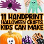 collage of Halloween handprint crafts, including a bat, witch, ghost, and monsters