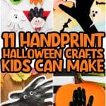 collage of handprint Halloween crafts including a vampire, ghost, Frankenstein, a spooky tree, a spider, and a pumpkin