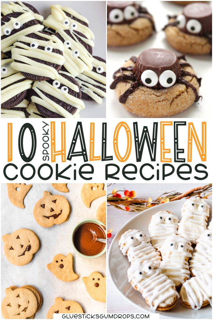 collage of spooky Halloween cookies including Mummy oreos, spider cookies, shortbread pumpkins and ghosts, and Nutter Butter mummies