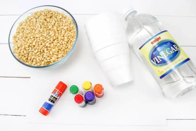 materials for corn mosaic including paper, popcorn kernels, glue, food coloring, white vinegar, and cups
