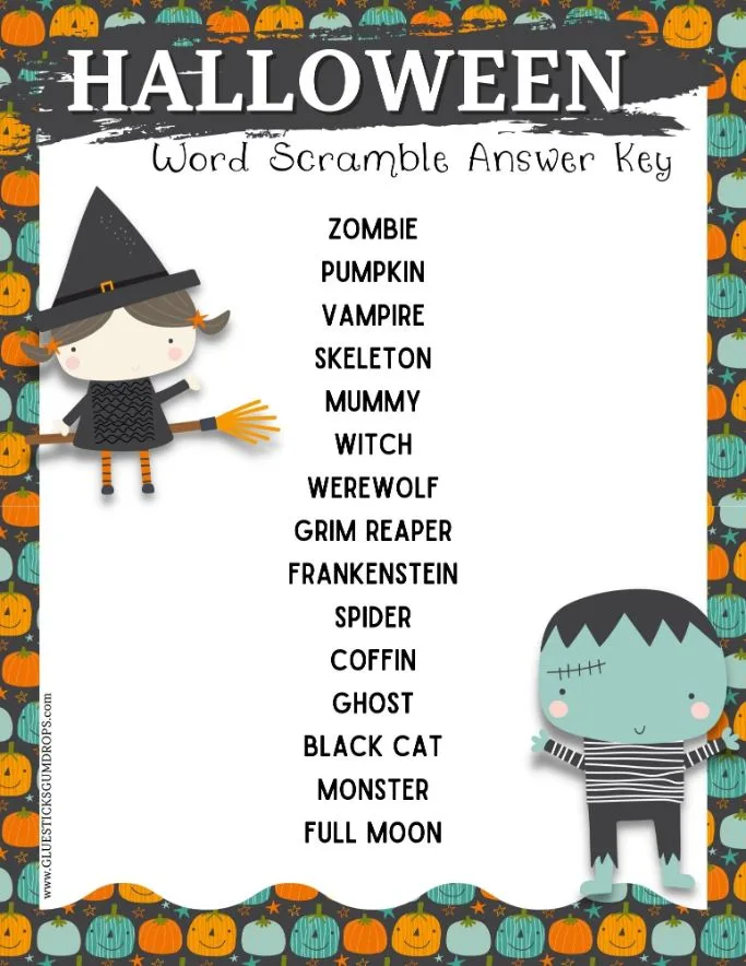 answer key for Halloween word jumble