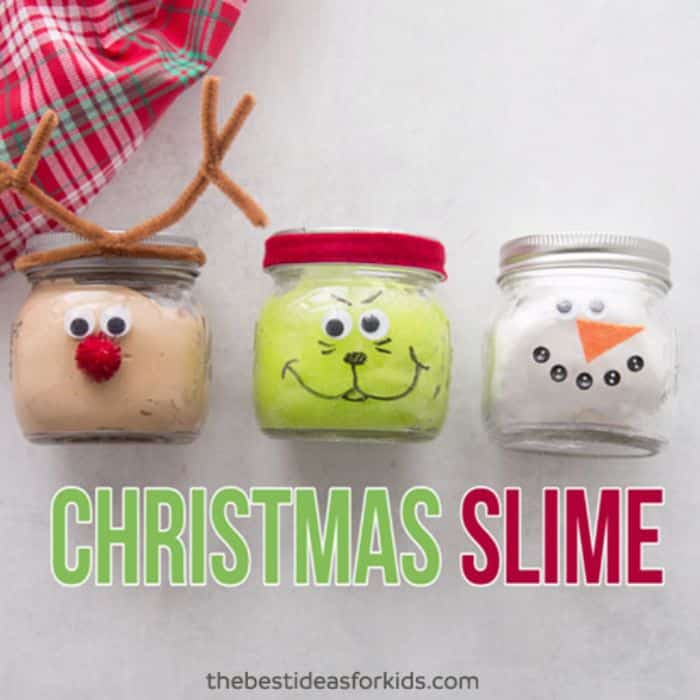 reindeer, grinch, and snowman slime in jars