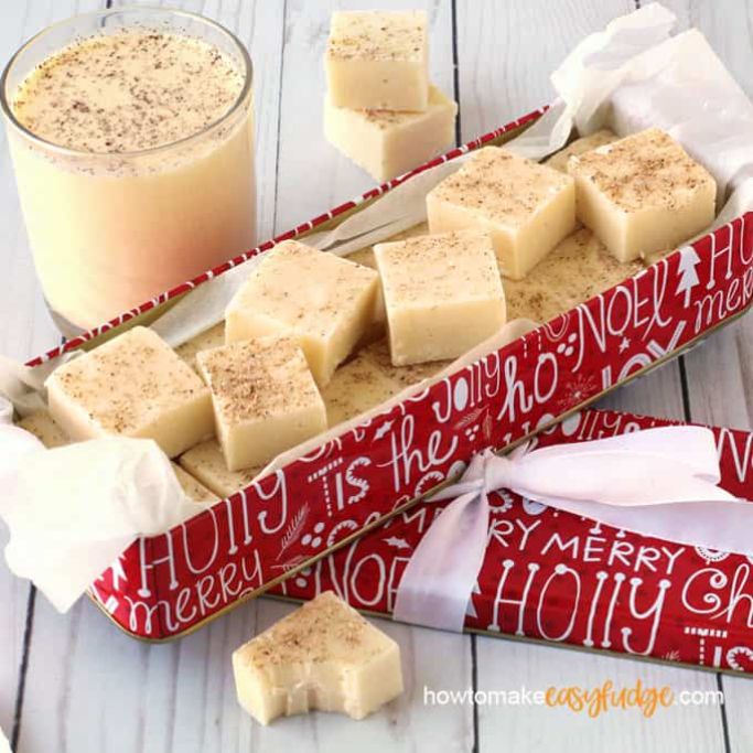 eggnog fudge in a holiday box