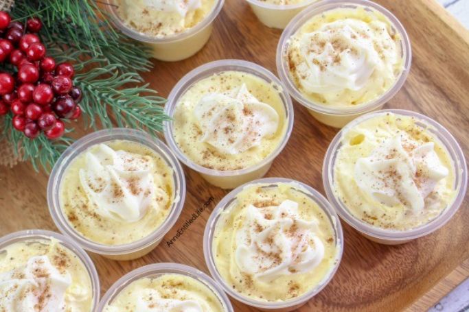 eggnog-flavored pudding shots for a holiday party