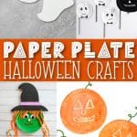 long collage of 6 halloween paper plate crafts