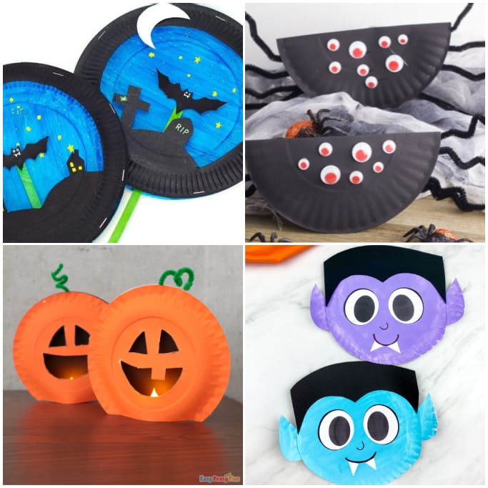 collage of 4 halloween paper plate crafts