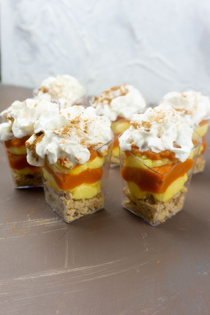 Thanksgiving trifles made with pumpkin puree and a vanilla cream cheese mixture