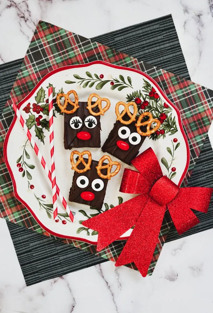 Christmas brownies on holiday platter and plaid napkin