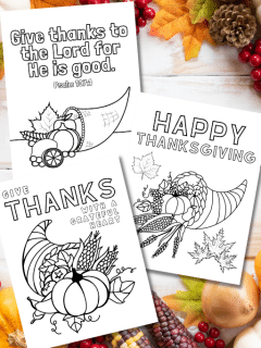 square image showing cornucopia coloring pages on a thanksgiving background