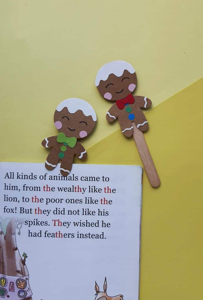 gingerbread man bookmarks on yellow background
